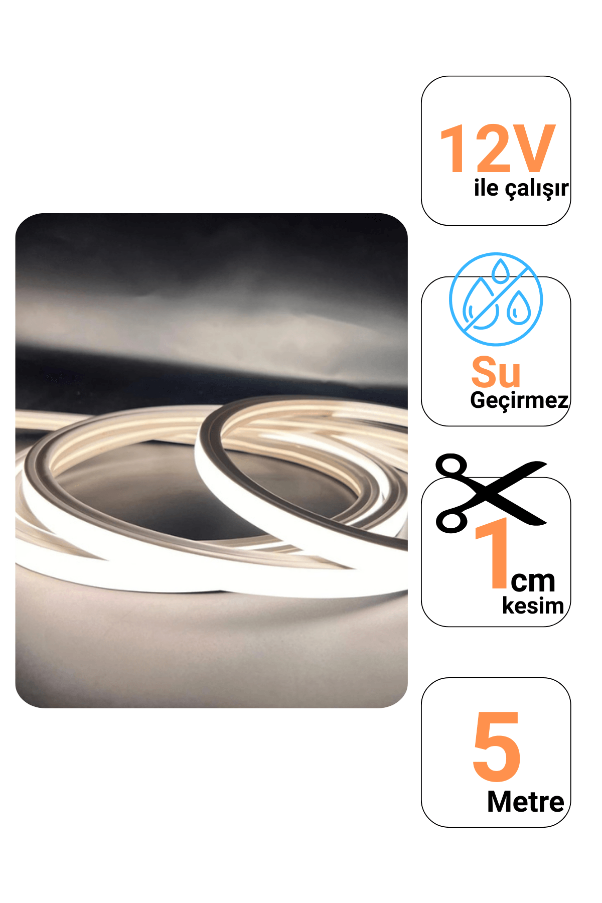 12 Volt Naturel Beyaz Neon Şerit Led (1 cm)