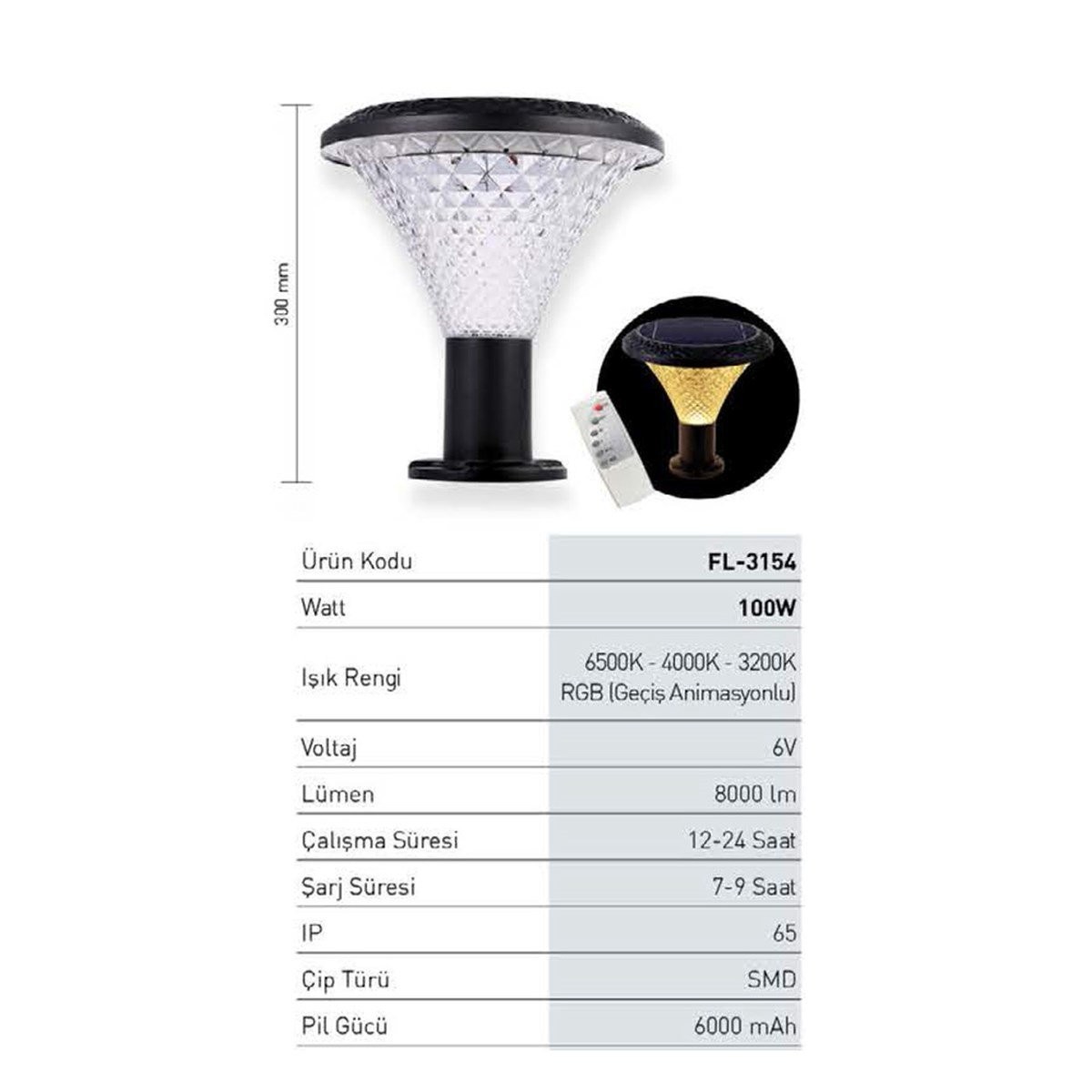 Solar Güneş Enerjili Sokak Armatürü 100W Fl-3154