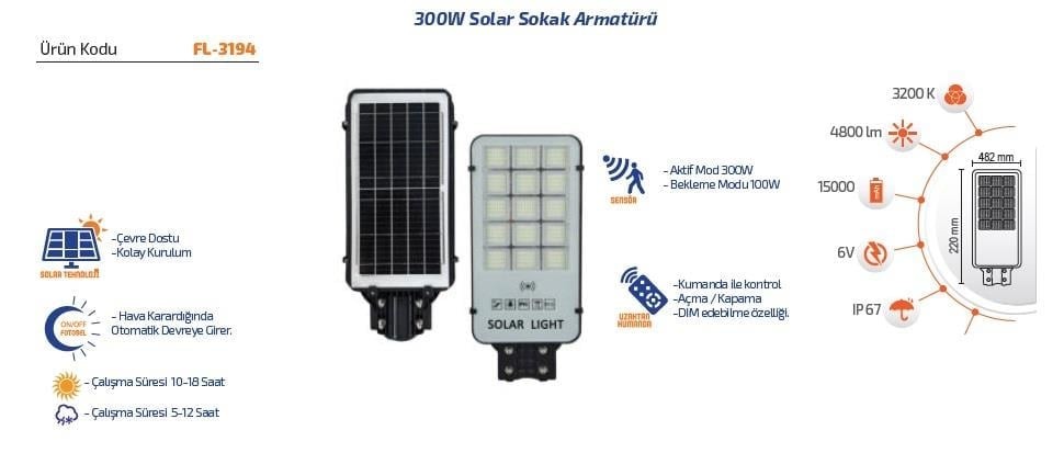 Forlife Solar Sokak Lambası 300W 3200K Gün Işığı FL-3194