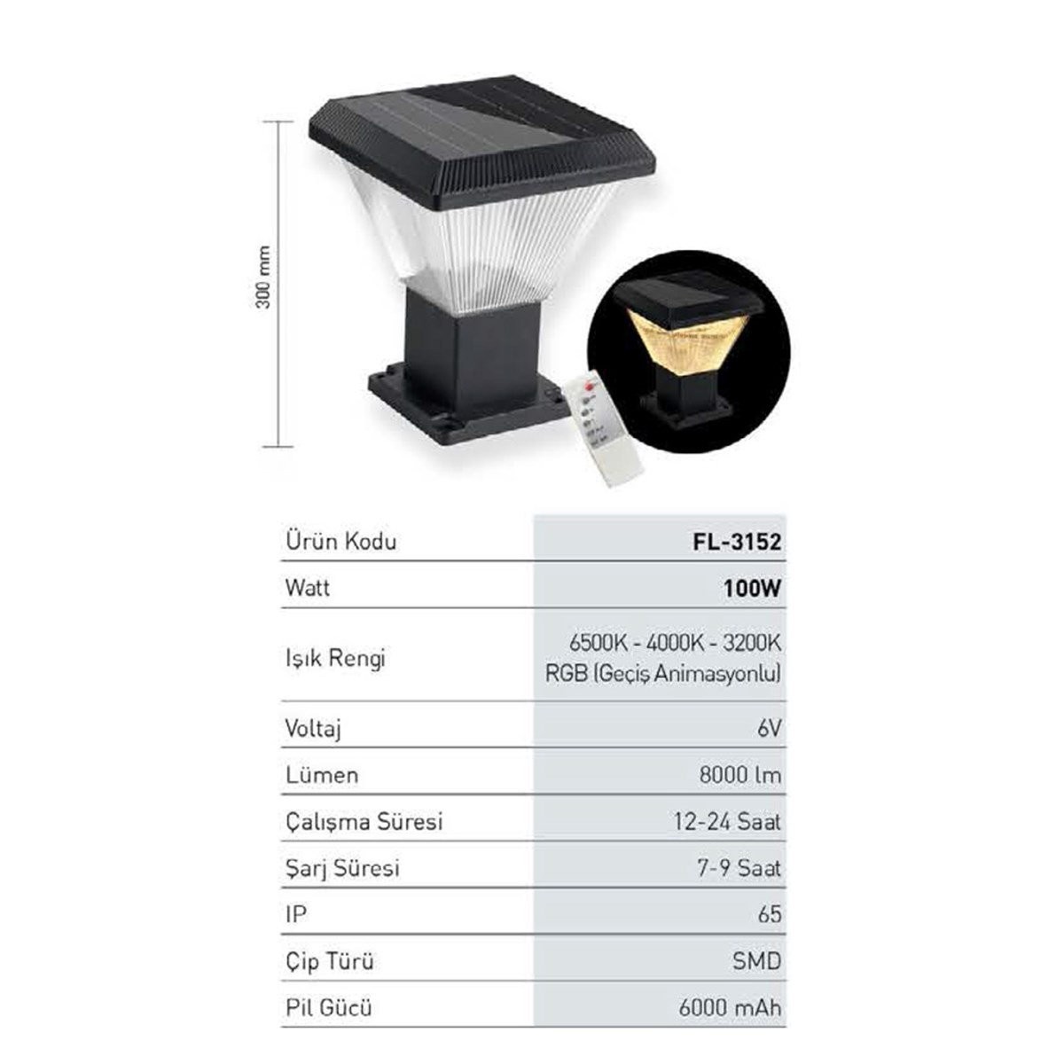 Solar Güneş Enerjili Sokak Armatürü 100W Fl-3152