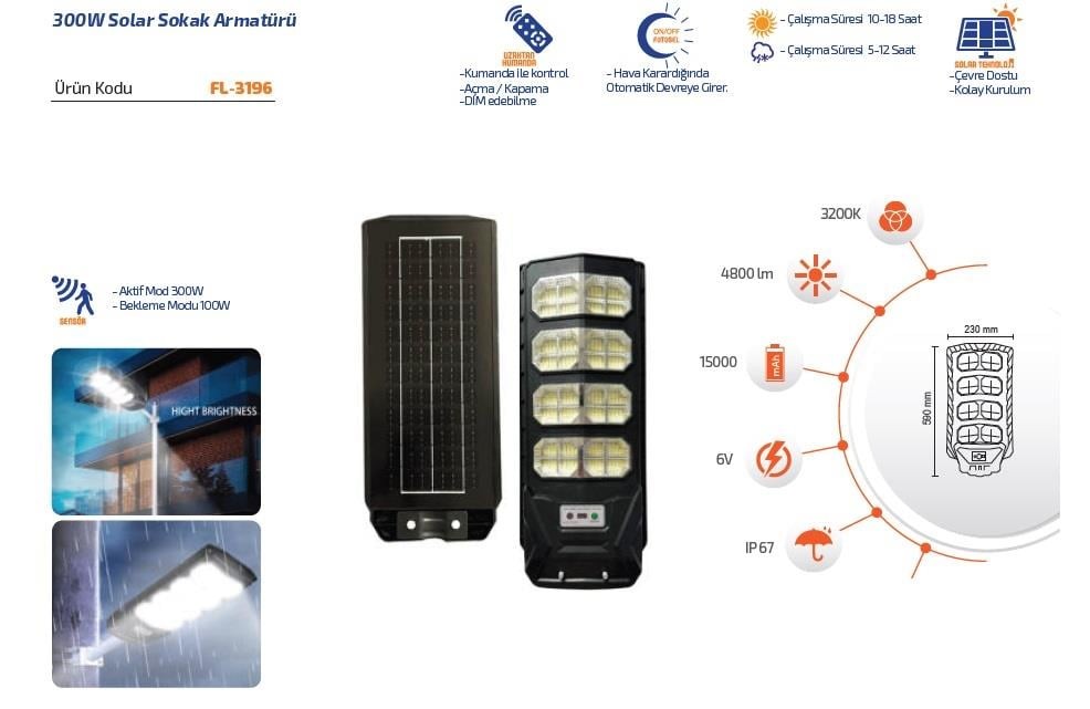 Forlife Solar Sokak Lambası 300W 3200K Gün Işığı FL-3196