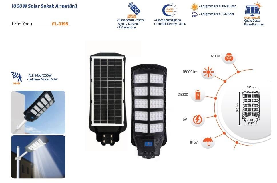 Forlife Solar Sokak Lambası 1000W 3200k Gün Işığı FL-3195