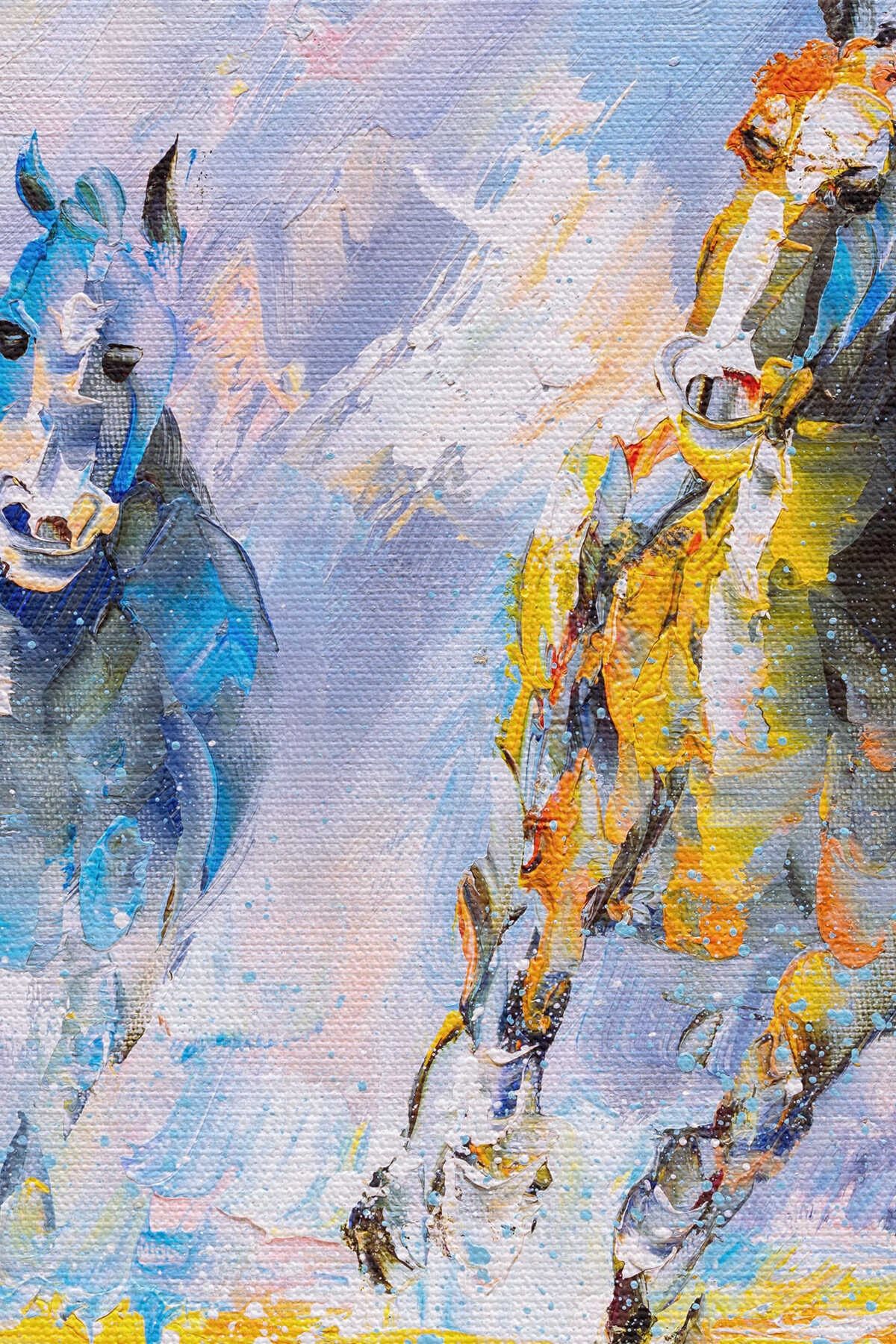 Koşan Atlar Yağlıboya Görünüm Dekoratif Kanvas Duvar Tablosu