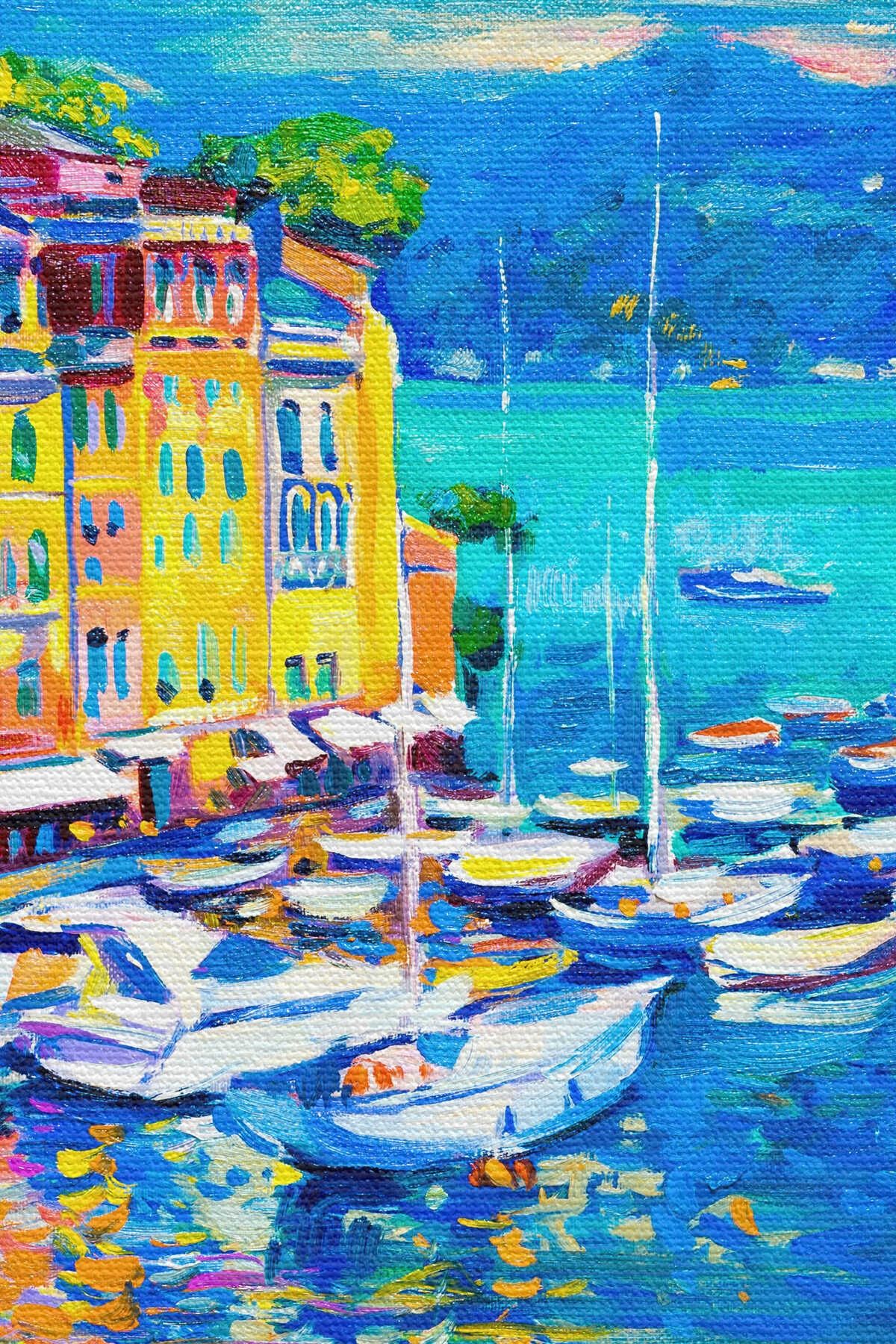 Liman Tekneleri Yağlıboya Görünüm Dekoratif Kanvas Duvar Tablosu