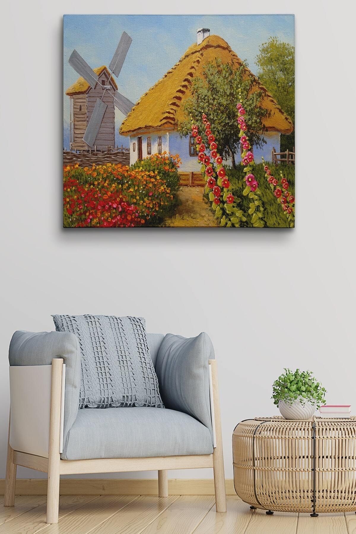 Köy Evi Manzarası Yağlıboya Görünüm Dekoratif Kanvas Duvar Tablosu