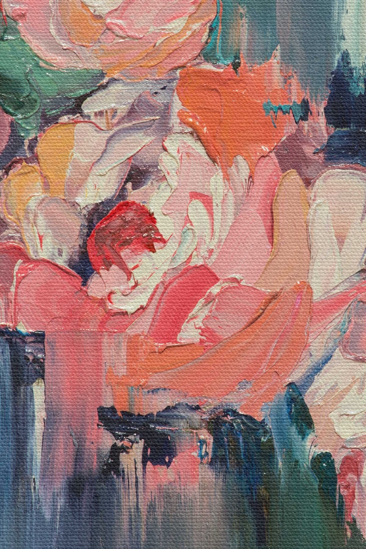 Renkli Çiçekler Yağlıboya Görünüm Dekoratif Kanvas Duvar Tablosu