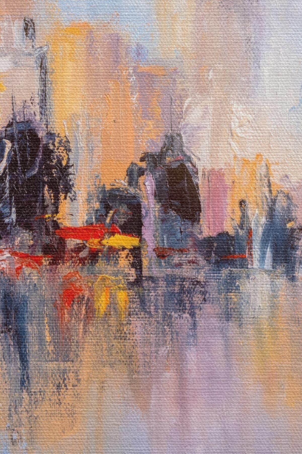 Su Yansimaları Ve Şehir Yağlıboya Görünüm Dekoratif Kanvas Duvar Tablosu