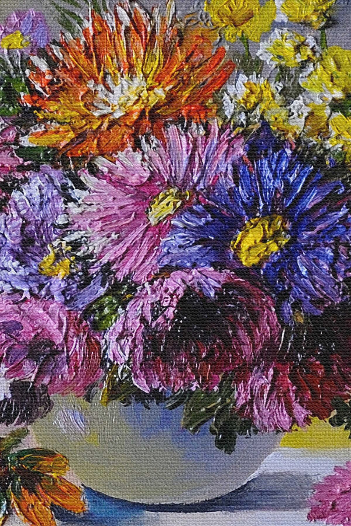 Renkli Çiçekler Yağlıboya Görünüm Dekoratif Kanvas Duvar Tablosu