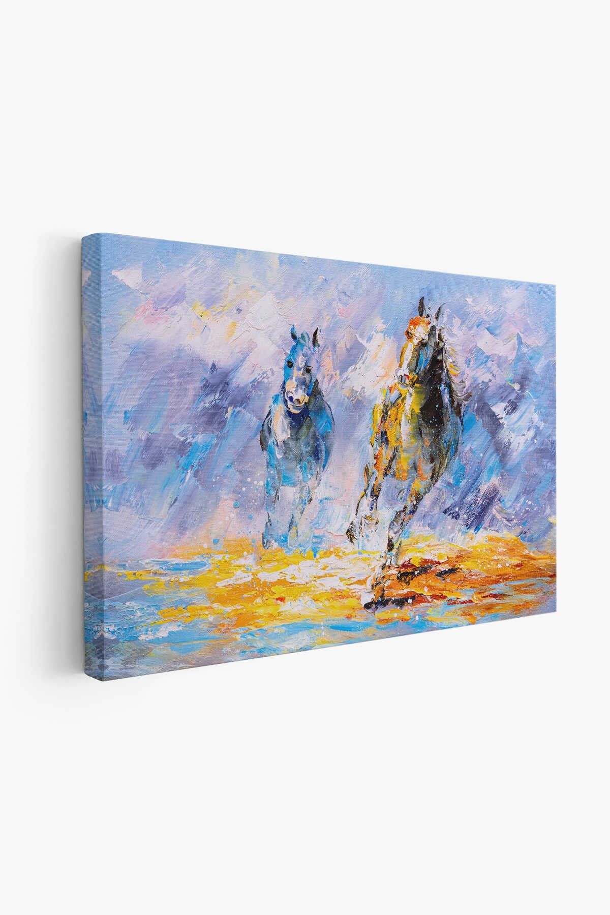 Koşan Atlar Yağlıboya Görünüm Dekoratif Kanvas Duvar Tablosu