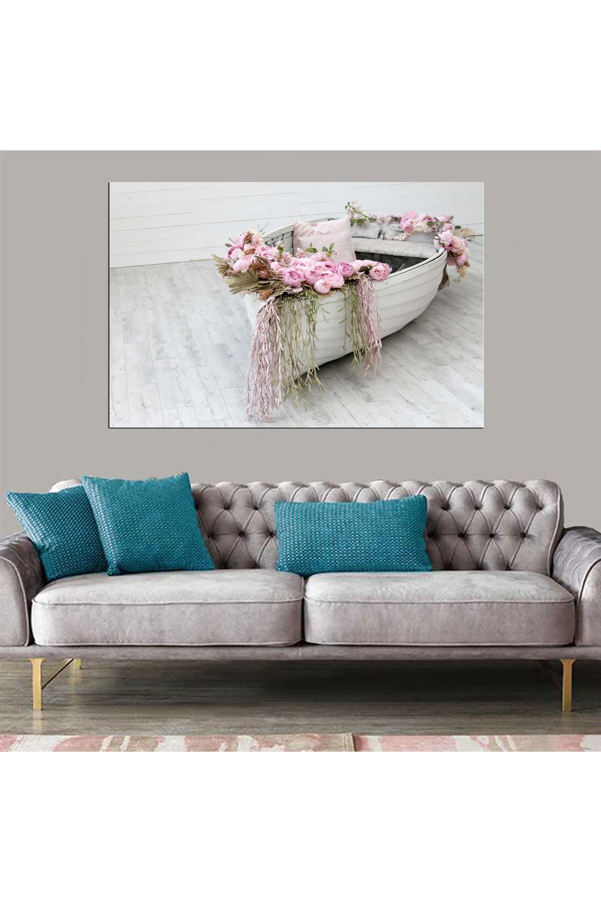 Dekoratif Baskı Kayıkta Çiçekler Kanvas Tablo