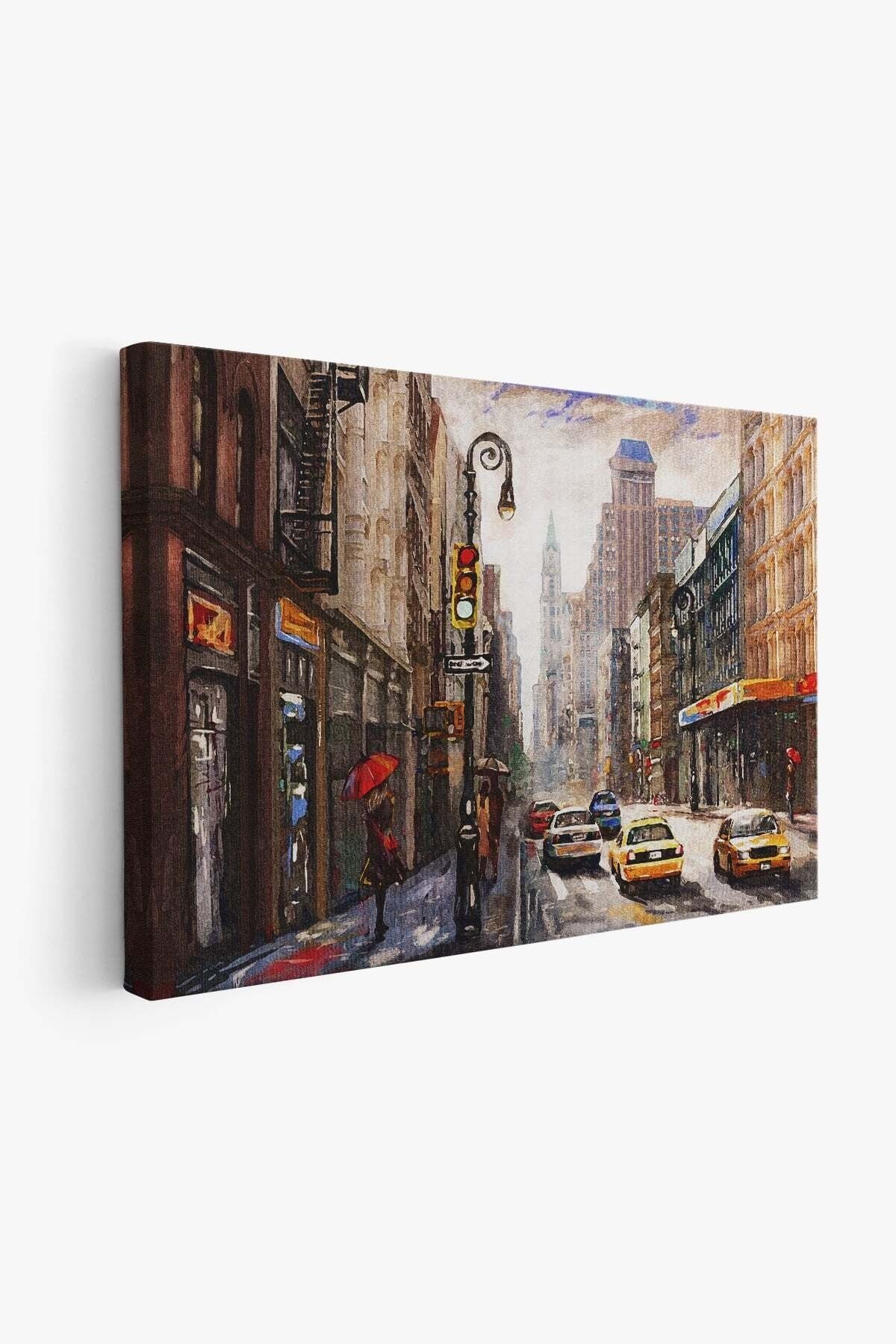 New York Sokakları Ve Sarı Taksi Yağlıboya Görünüm Kanvas Tablo