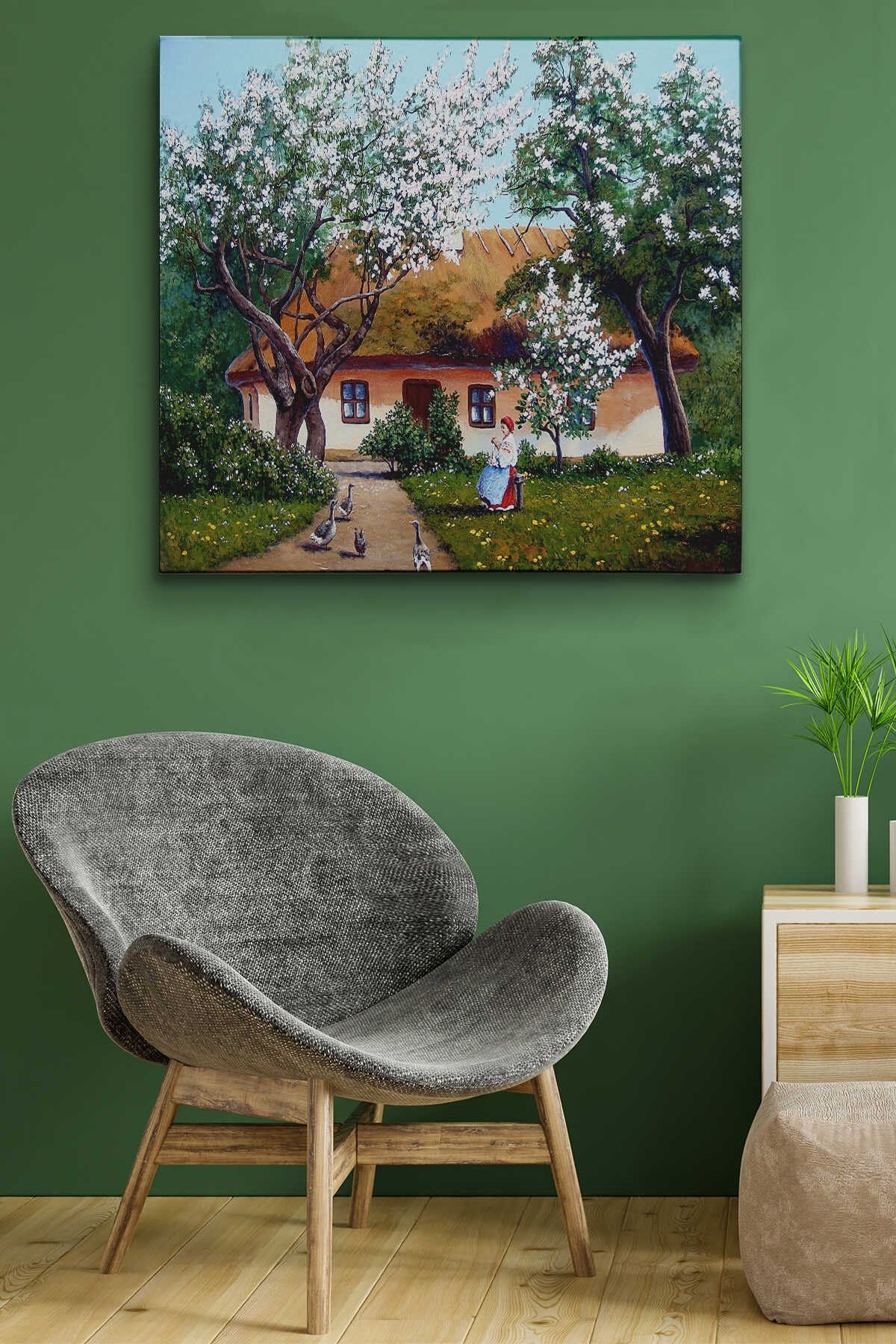 Ilkbahar Köy Evi Yağlıboya Görünüm Dekoratif Kanvas Duvar Tablosu