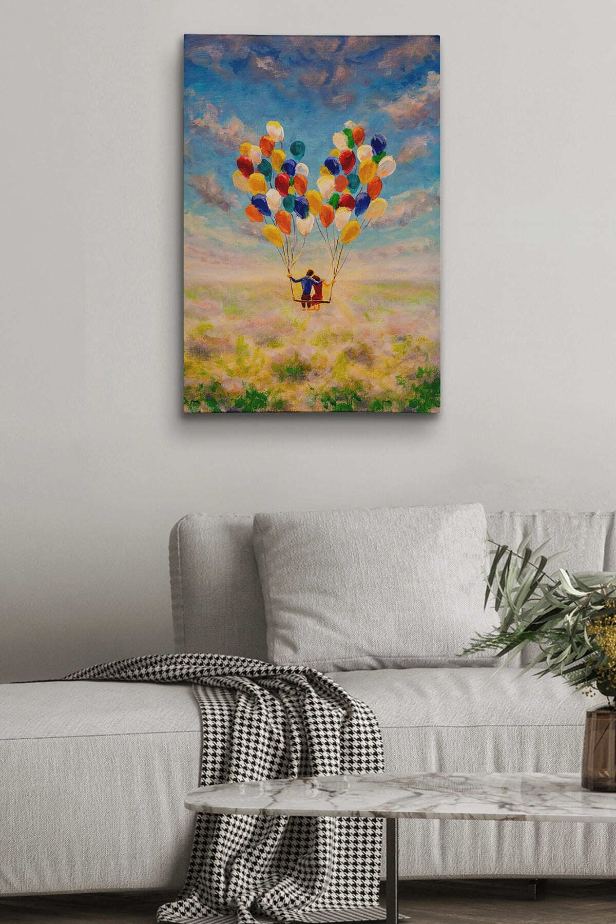 Bolanlar Ile Uçan Sevgililer Yağlıboya Görünüm Dekoratif Kanvas Duvar Tablosu