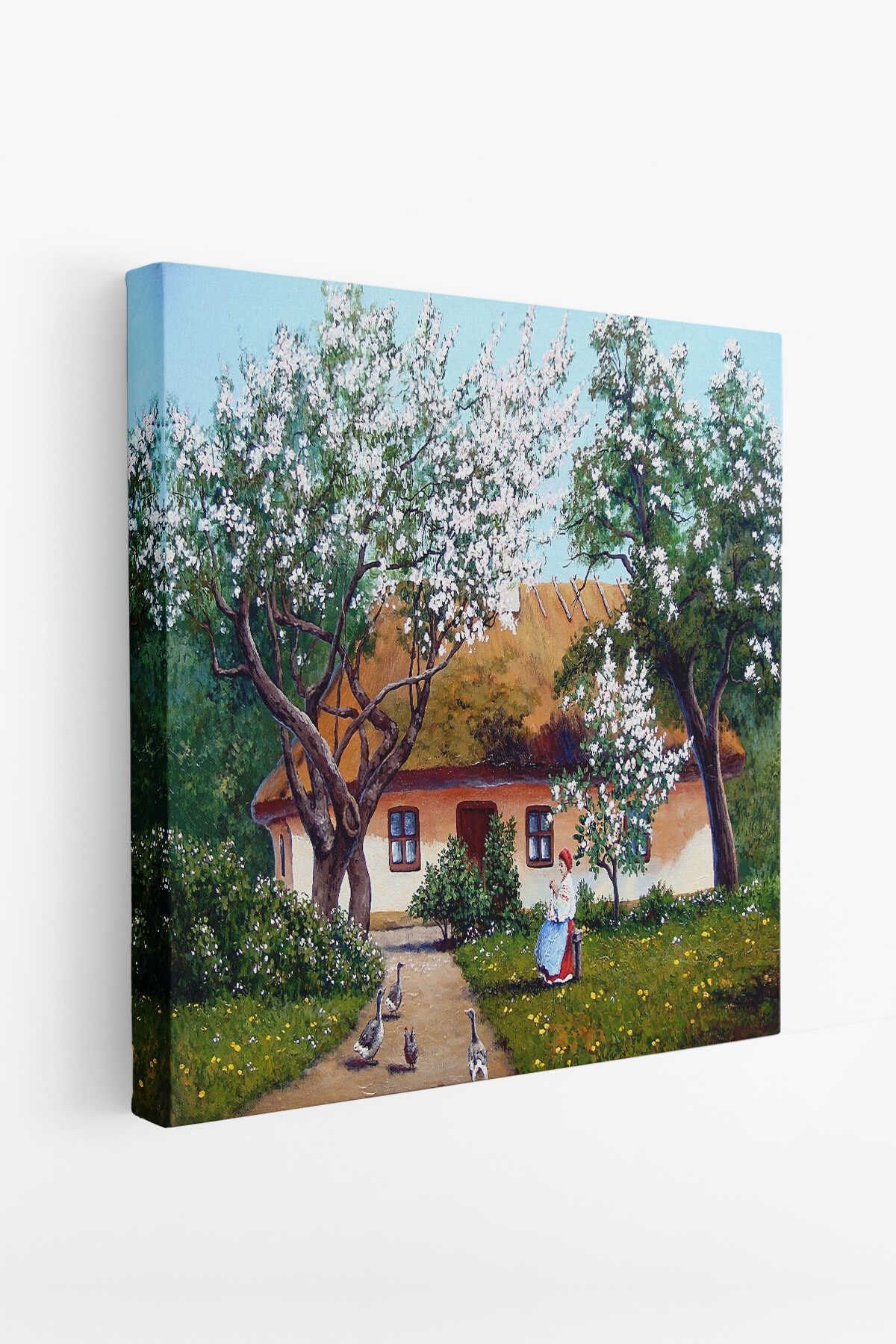 Ilkbahar Köy Evi Yağlıboya Görünüm Dekoratif Kanvas Duvar Tablosu