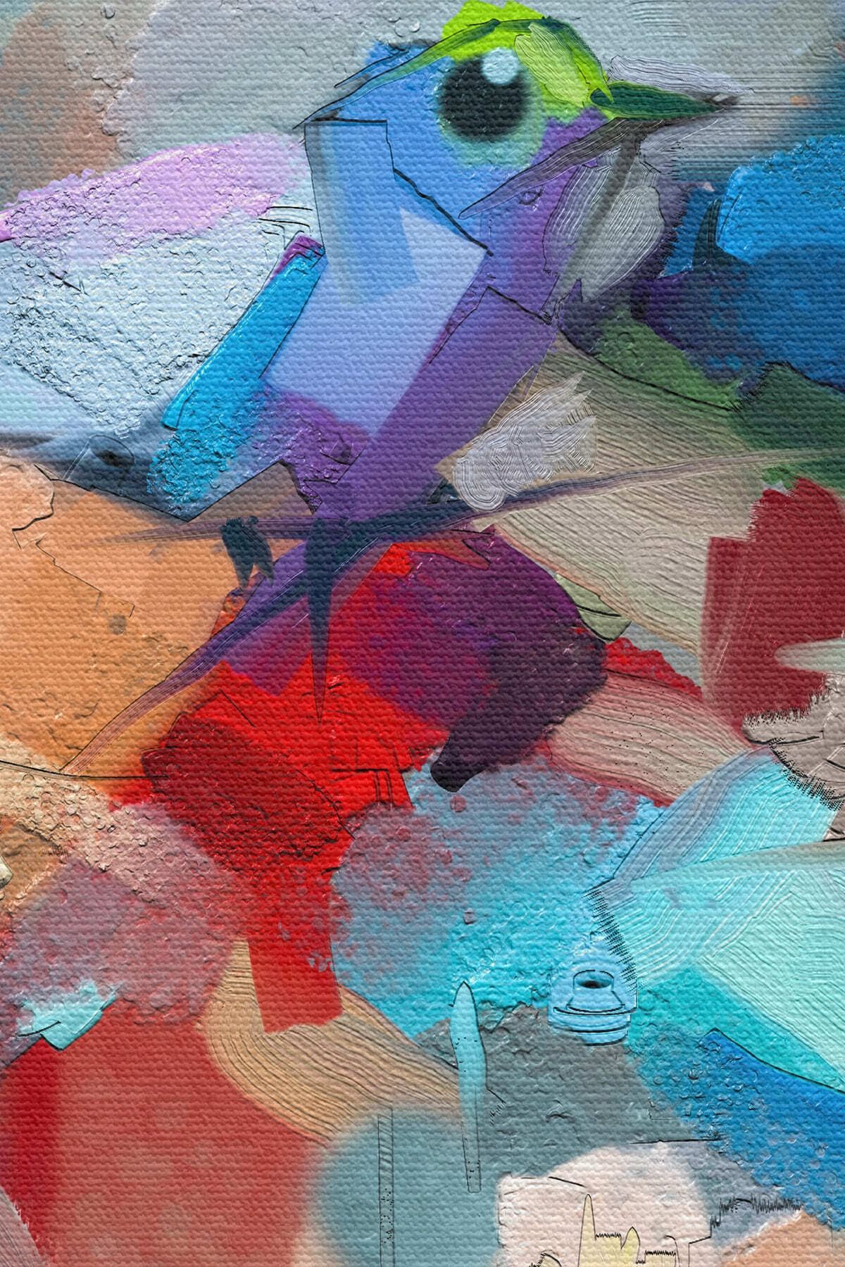 Modern Soyut Tarzda Çiçekler Ve Kuş Dekoratif Kanvas Duvar Tablosu