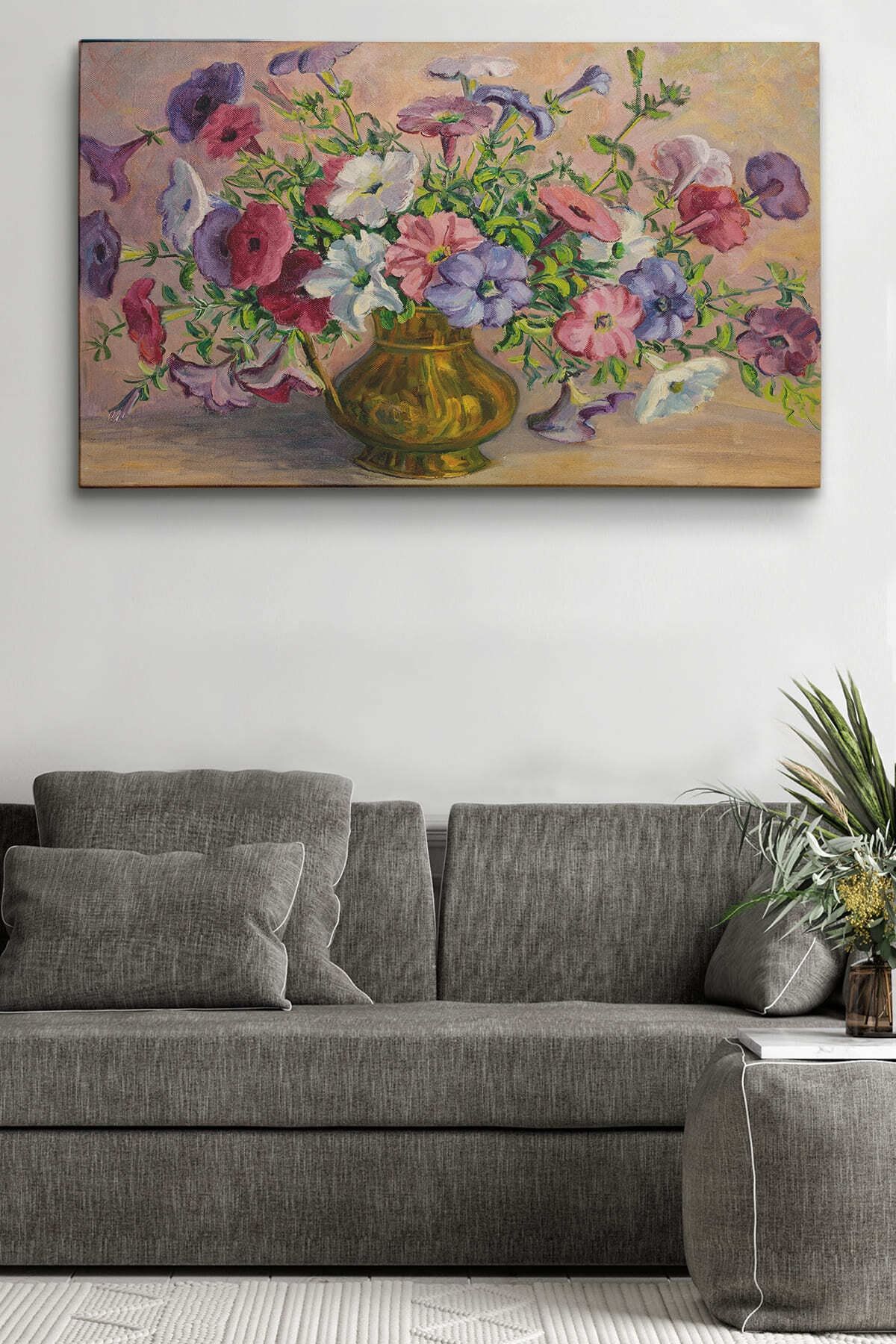 Vazoda Çiçekler Vintage Yağlıboya Görünüm Dekoratif Kanvas Duvar Tablosu