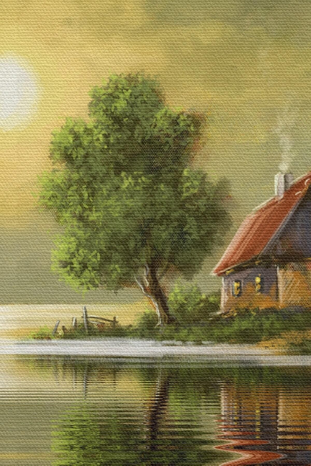 Göl Kenarındaki Köy Evi Yağlıboya Görünüm Dekoratif Kanvas Duvar Tablosu