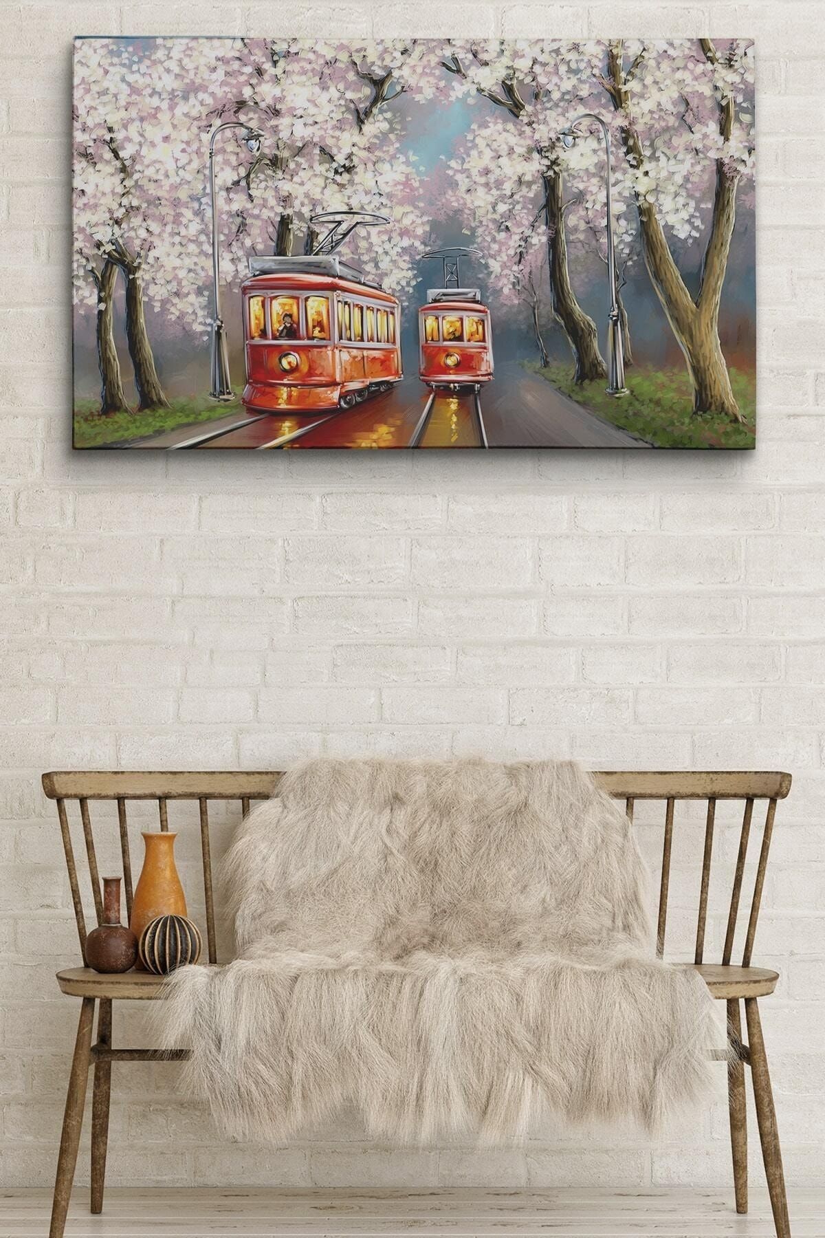 Kırmızı Tranvaylar Yağlıboya Görünüm Dekoratif Kanvas Duvar Tablosu