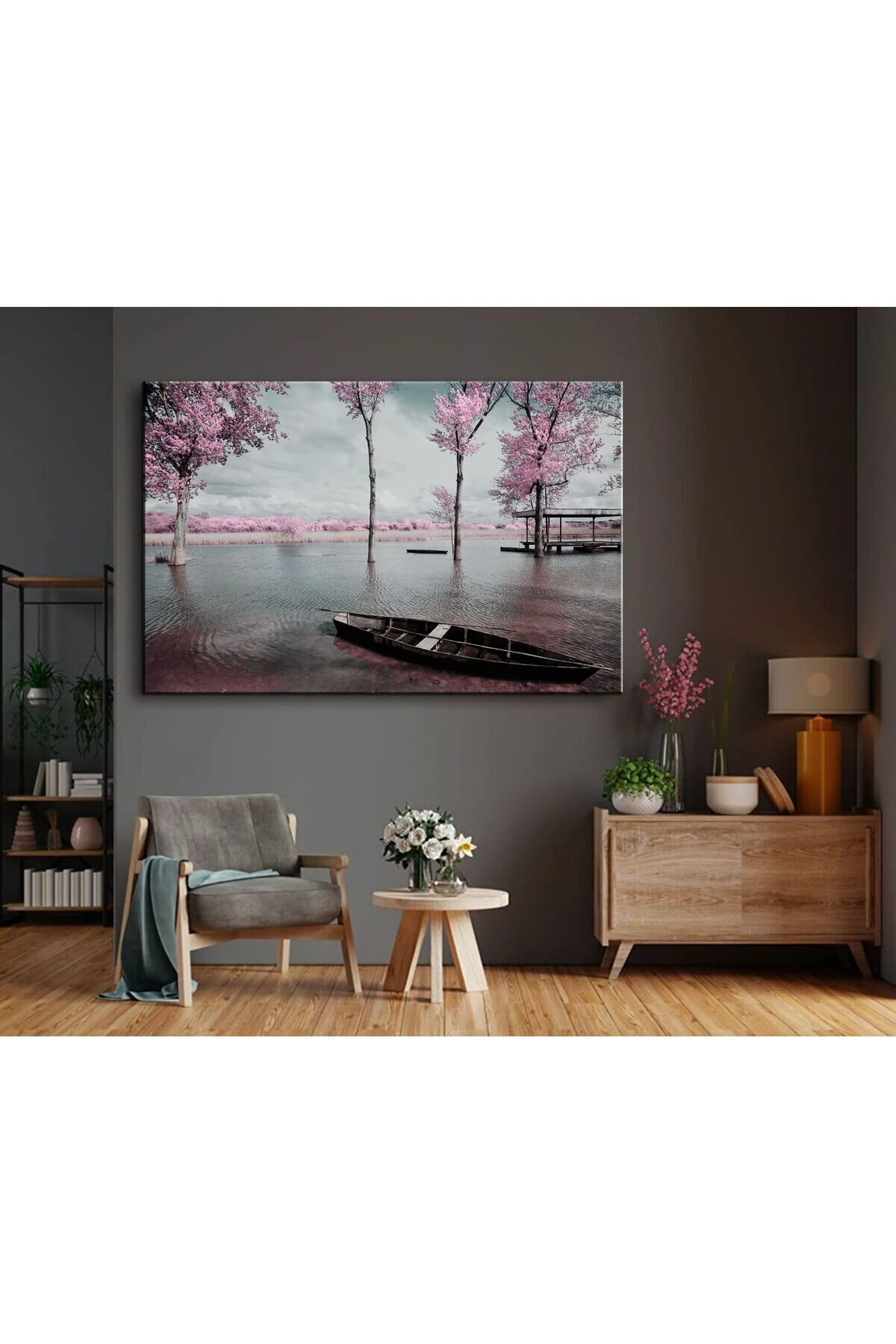 Dekoratif Pembe Çiçekli Gölde Kayık Kanvas Tablo