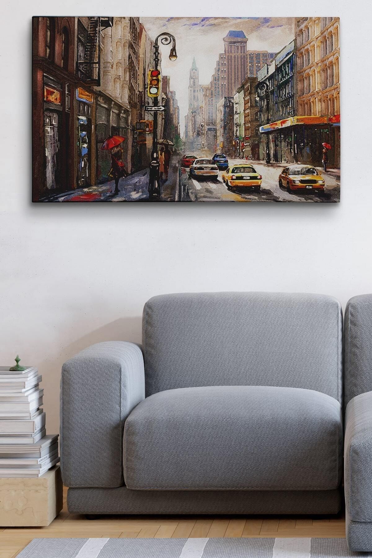 New York Sokakları Ve Sarı Taksi Yağlıboya Görünüm Kanvas Tablo