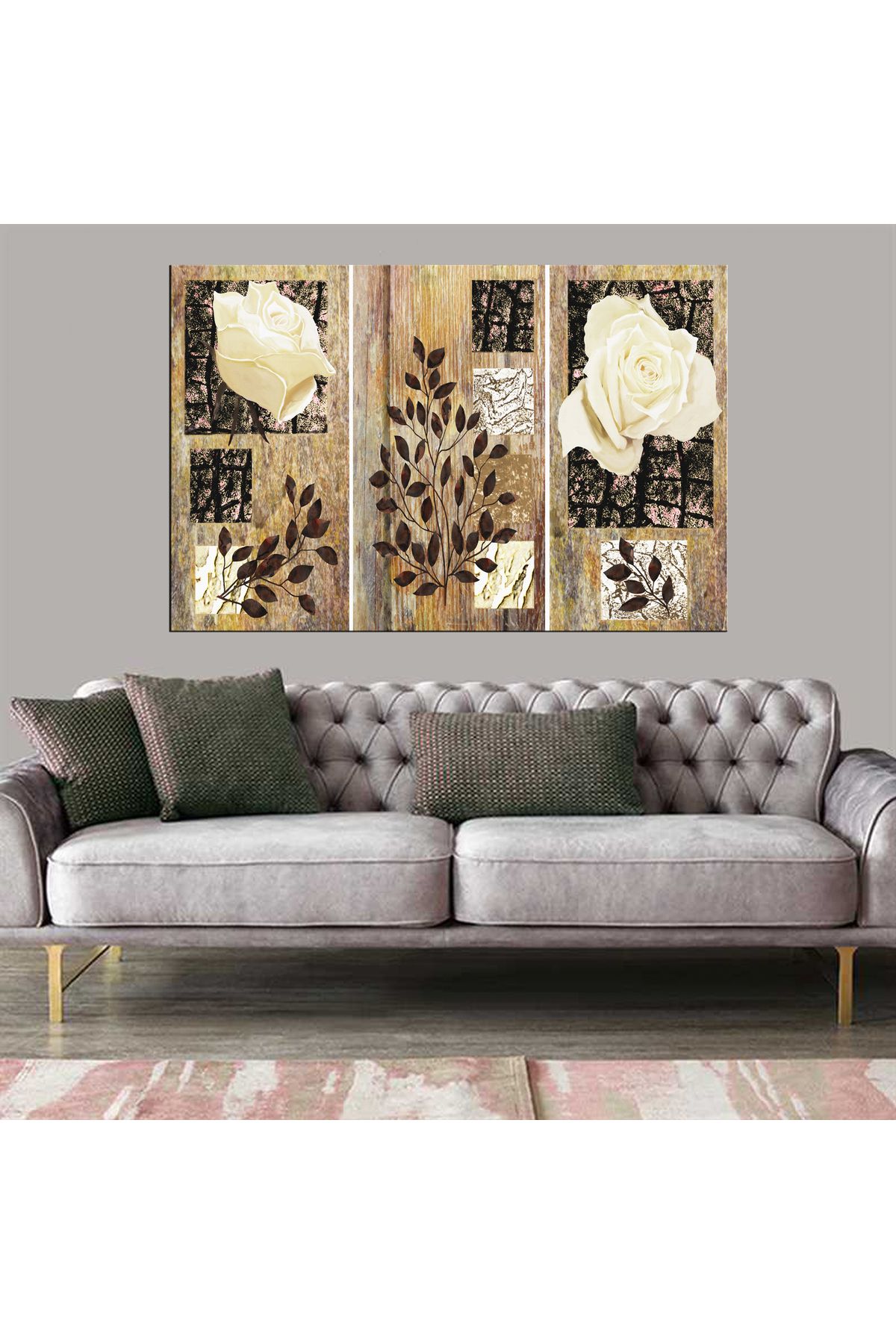 Dekoratif Baskı Çiçekler Kolaj Kanvas Tablo