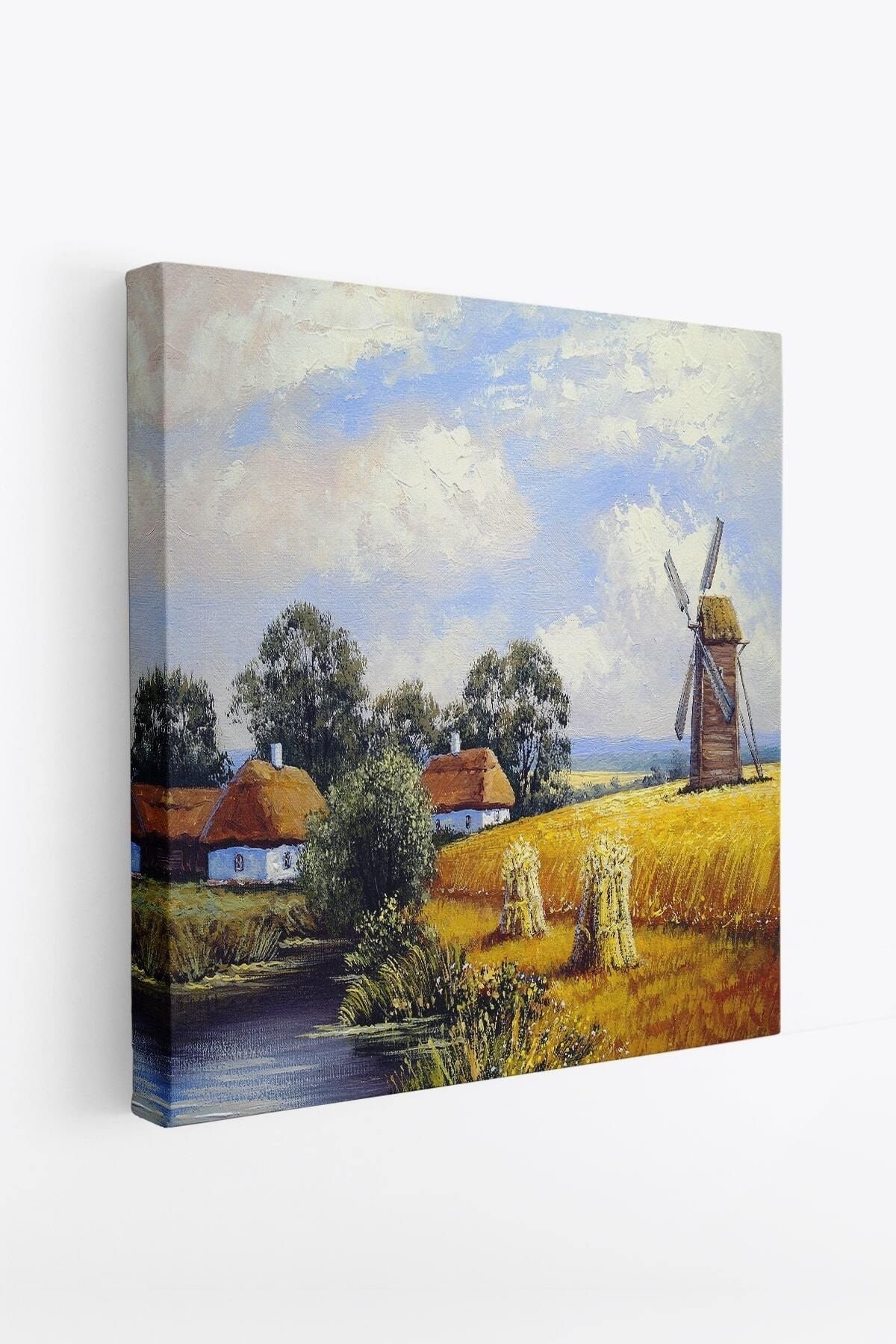 Buğday Tarlası Ve Değirmen Yağlıboya Görünüm Dekoratif Kanvas Duvar Tablosu