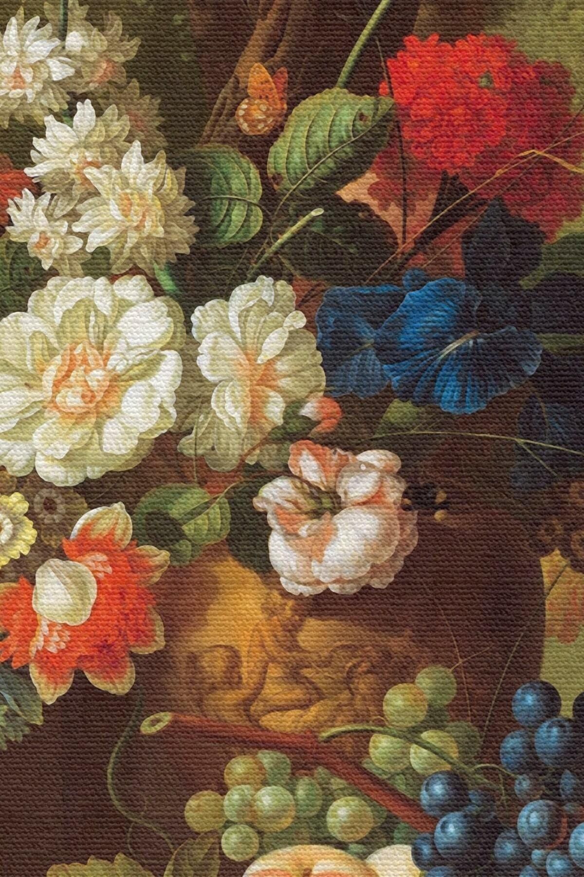 Çiçekler Ve Meyveler Yağlıboya Görünüm Dekoratif Kanvas Duvar Tablosu