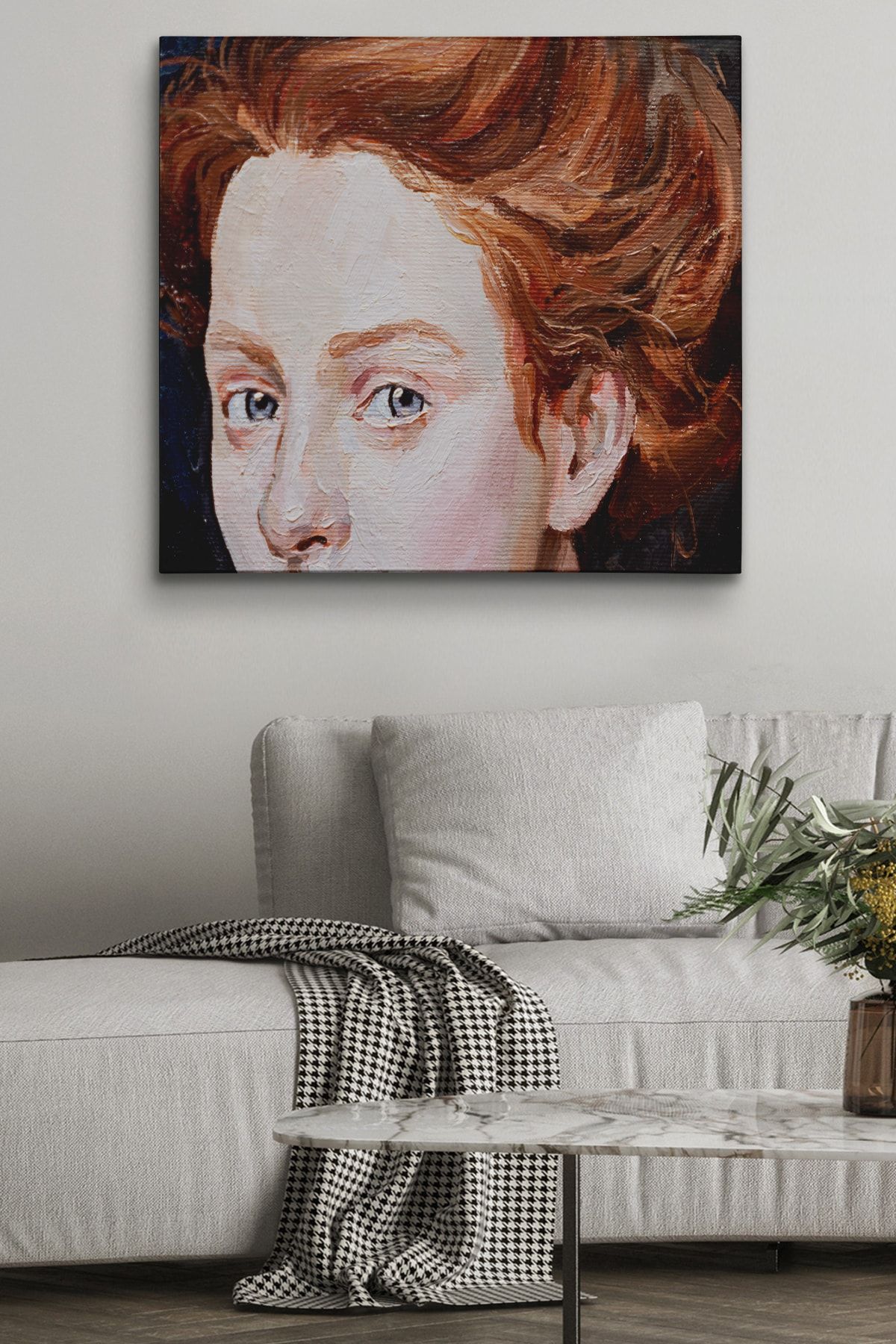 Kızıl Saçlı Kadın Yağlıboya Görünüm Dekoratif Kanvas Duvar Tablosu