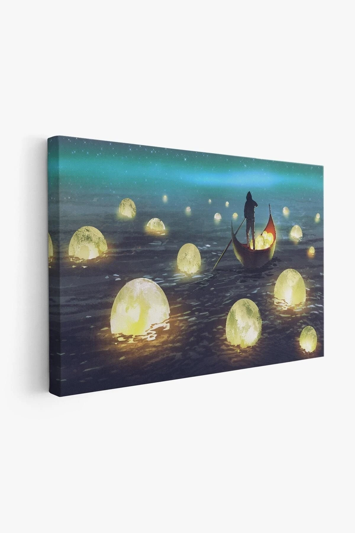 Denize Düşen Ayları Toplayan Adam Yağlıboya Görünüm Kanvas Tablosu