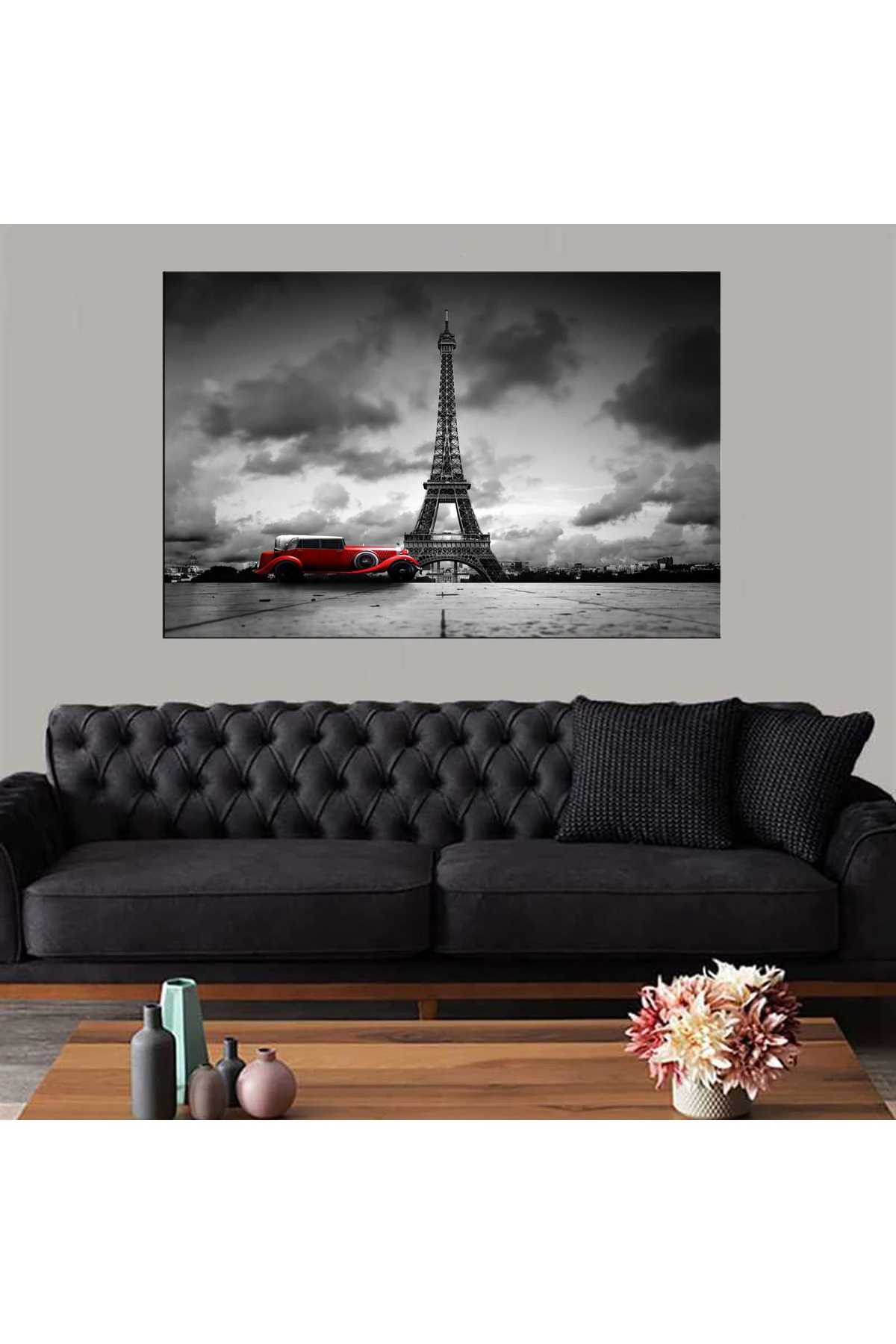 Dekoratif Baskı Eyfel Kulesi ve Kırmızı Araba Kanvas Tablo