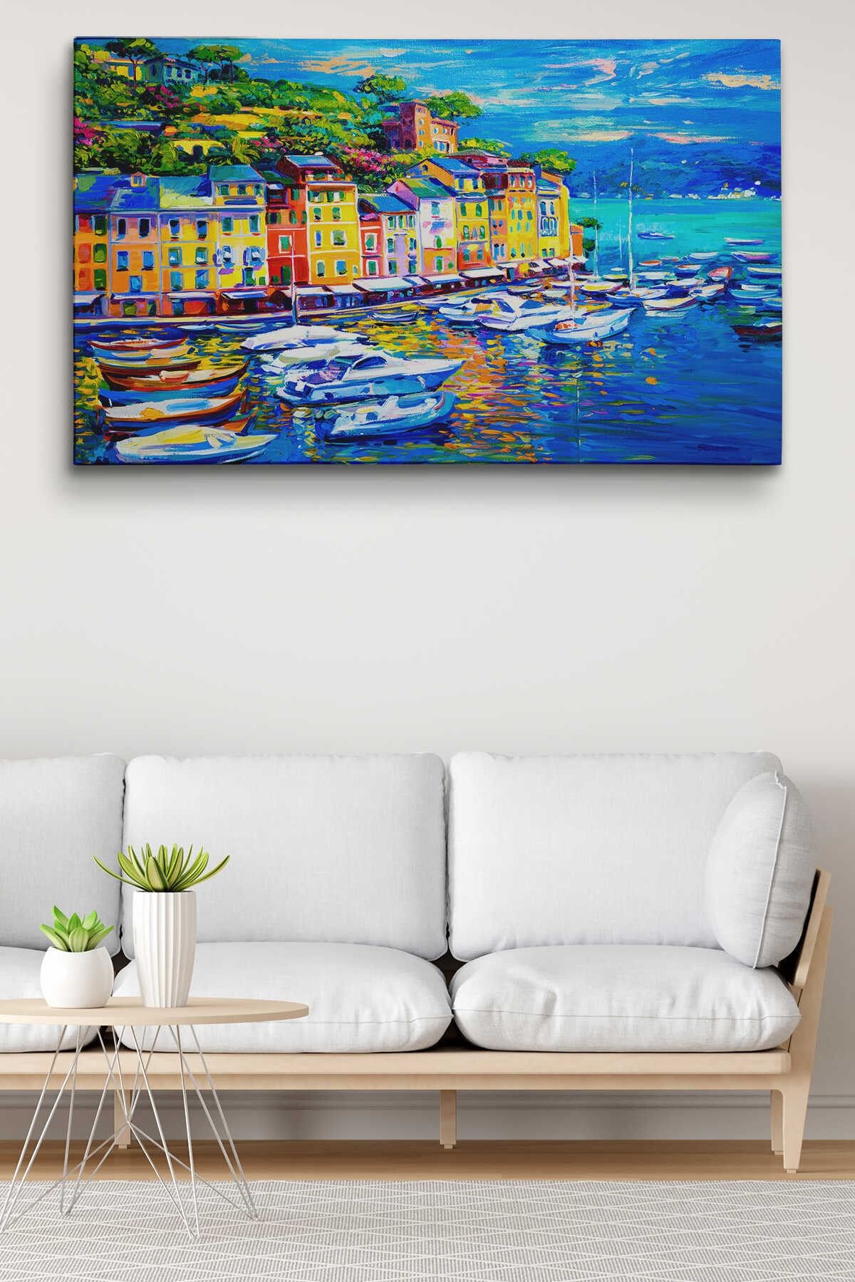 Liman Tekneleri Yağlıboya Görünüm Dekoratif Kanvas Duvar Tablosu