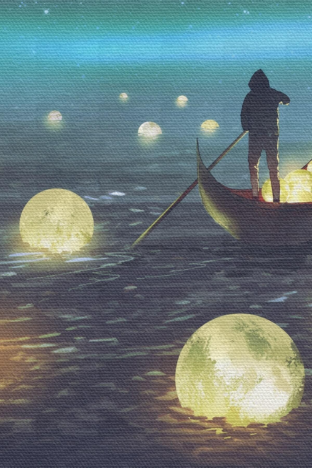 Denize Düşen Ayları Toplayan Adam Yağlıboya Görünüm Kanvas Tablosu