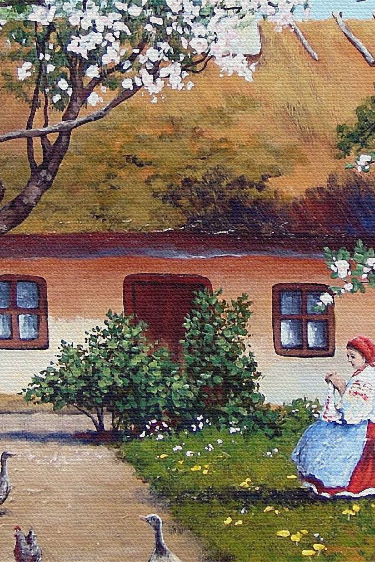 Ilkbahar Köy Evi Yağlıboya Görünüm Dekoratif Kanvas Duvar Tablosu