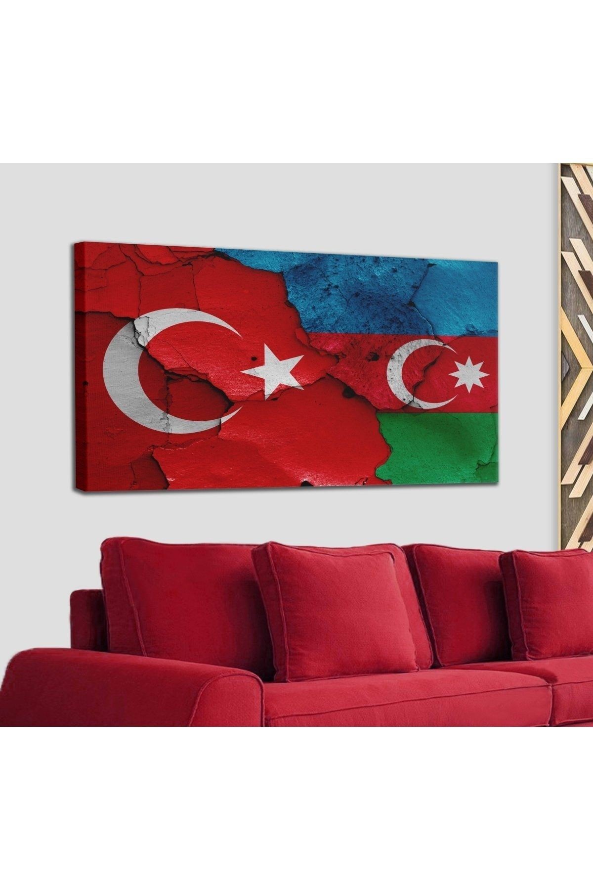 Türkiye Azerbaycan Bayrak Desenli Dekoratif Kanvas Tablo 1219