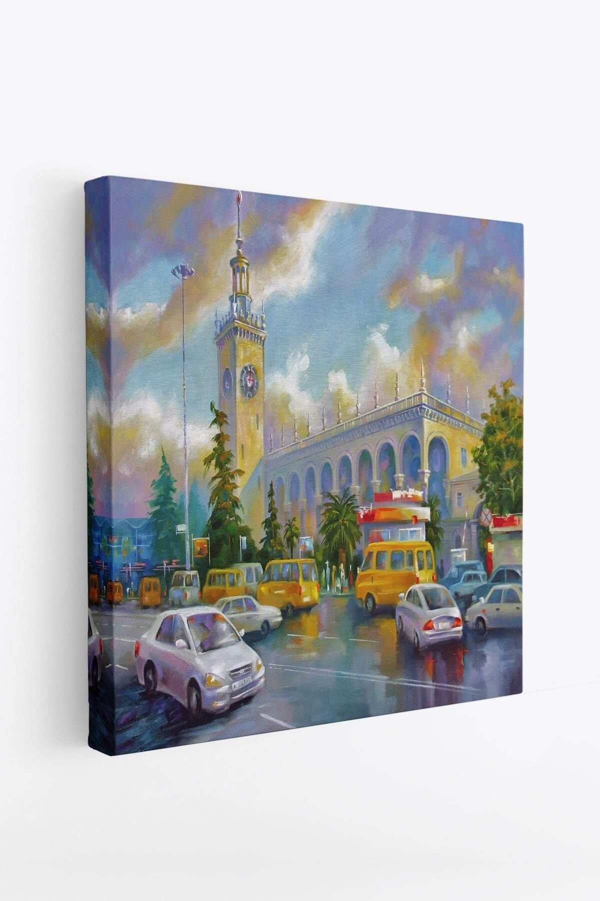 Soçhi Tren Istasyonu Yağlıboya Görünüm Dekoratif Kanvas Duvar Tablosu