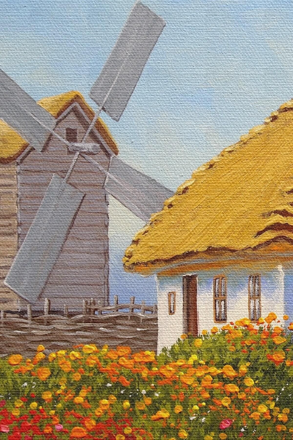 Köy Evi Manzarası Yağlıboya Görünüm Dekoratif Kanvas Duvar Tablosu