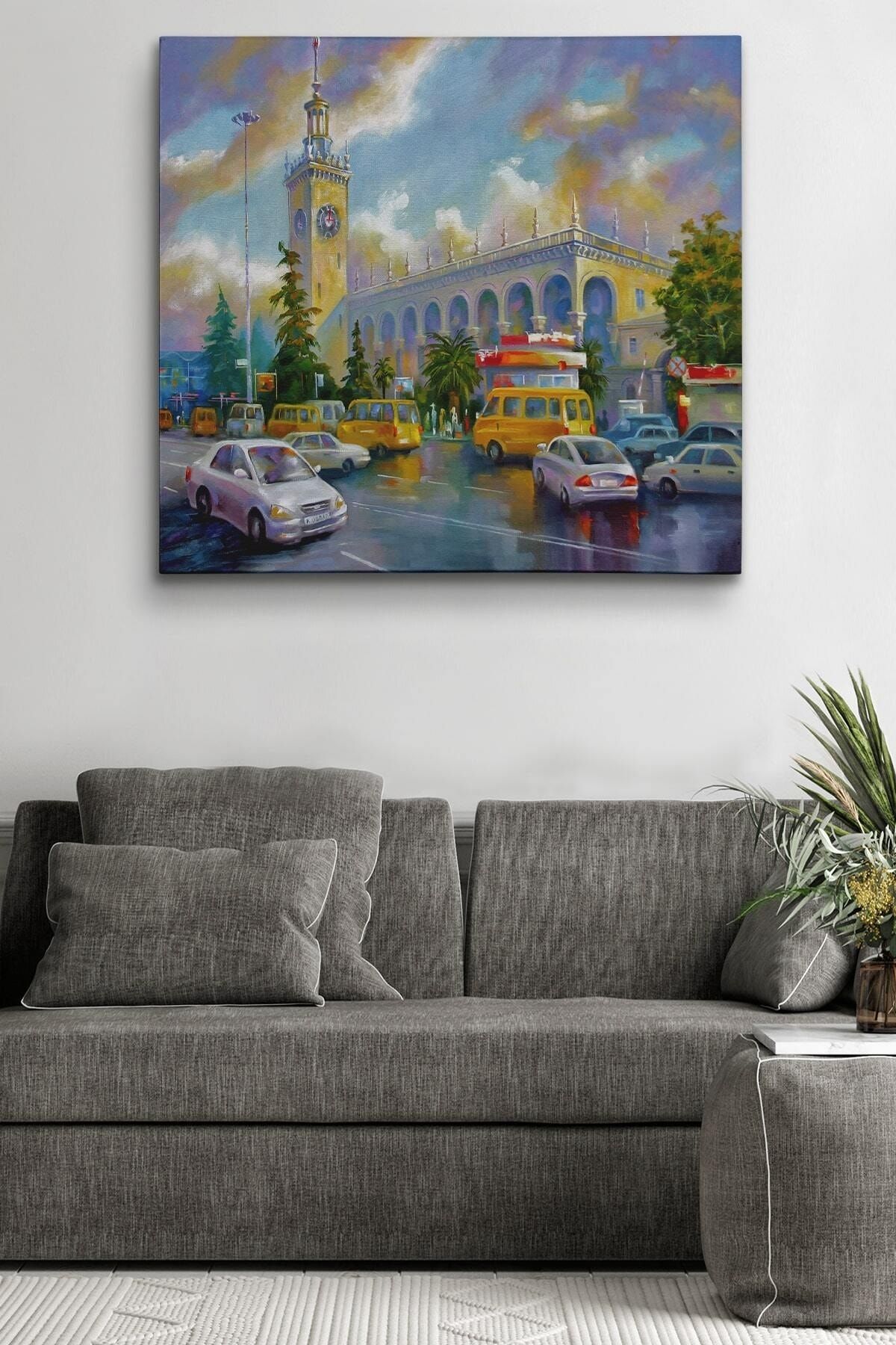 Soçhi Tren Istasyonu Yağlıboya Görünüm Dekoratif Kanvas Duvar Tablosu