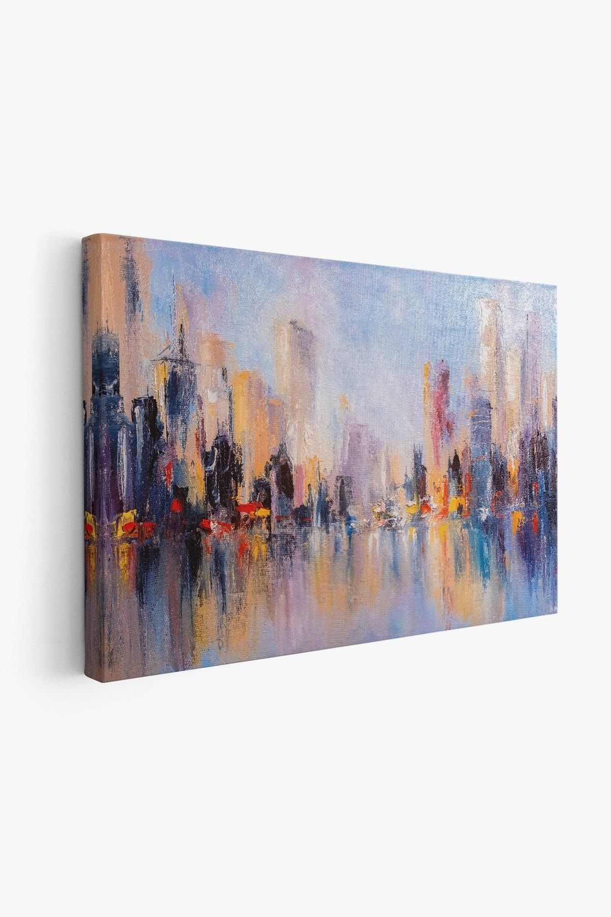 Su Yansimaları Ve Şehir Yağlıboya Görünüm Dekoratif Kanvas Duvar Tablosu