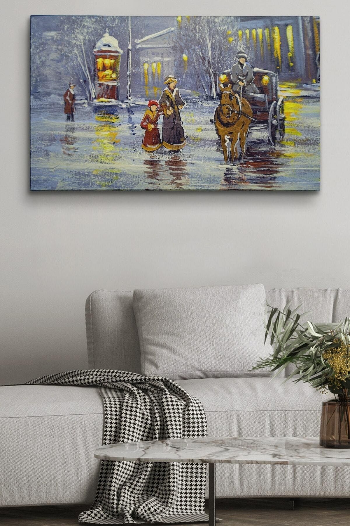 Eski Şehir Ve At Arabası Yağlıboya Görünüm Dekoratif Kanvas Duvar Tablosu