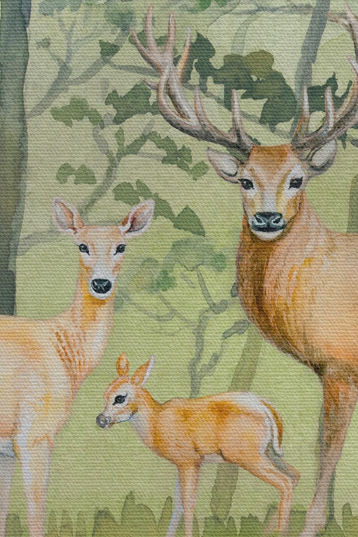 Geyik Ailesi Suluboya Görünüm Dekoratif Kanvas Duvar Tablosu