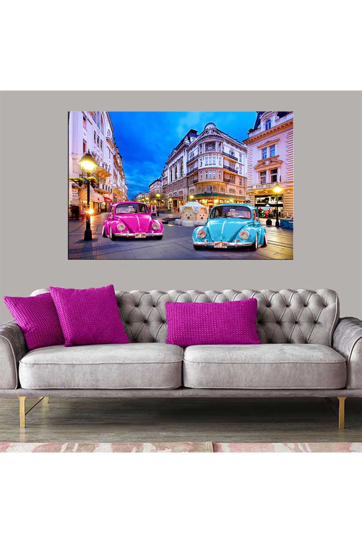 Dekoratif Baskı Pembe ve Mavi Araba Kanvas Tablo