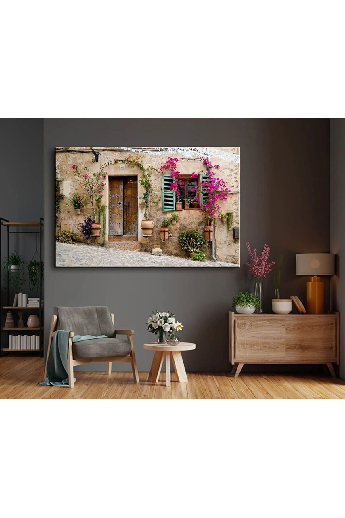 Dekoratif Baskı Çiçekler İçinde Kapı Kanvas Tablo