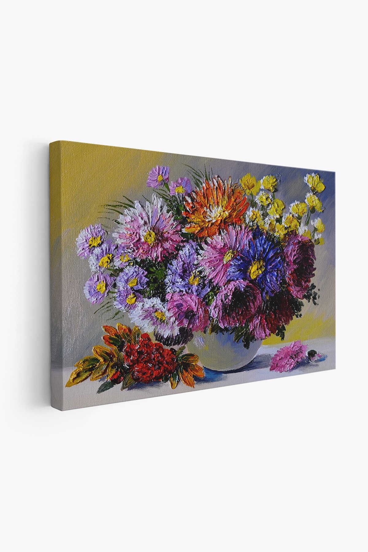 Renkli Çiçekler Yağlıboya Görünüm Dekoratif Kanvas Duvar Tablosu