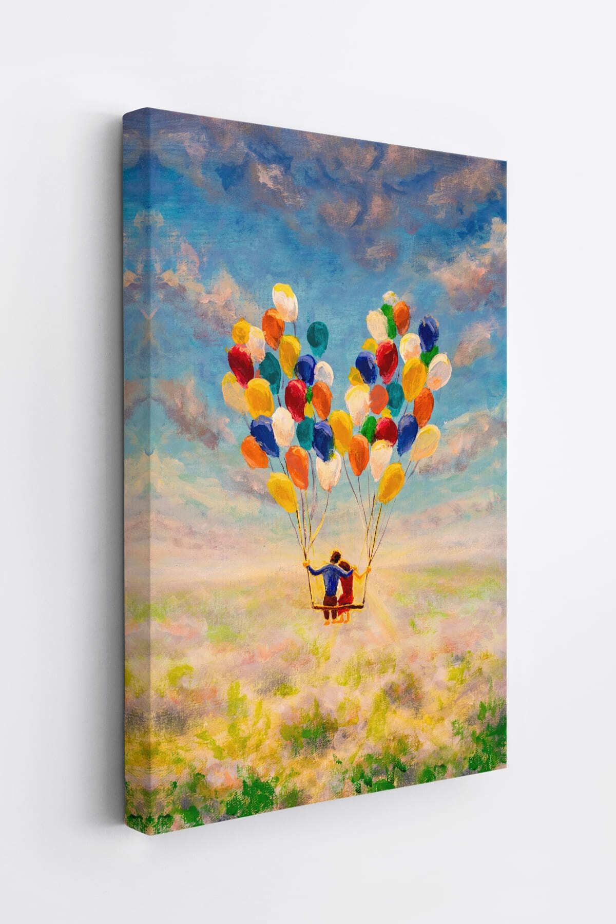 Bolanlar Ile Uçan Sevgililer Yağlıboya Görünüm Dekoratif Kanvas Duvar Tablosu