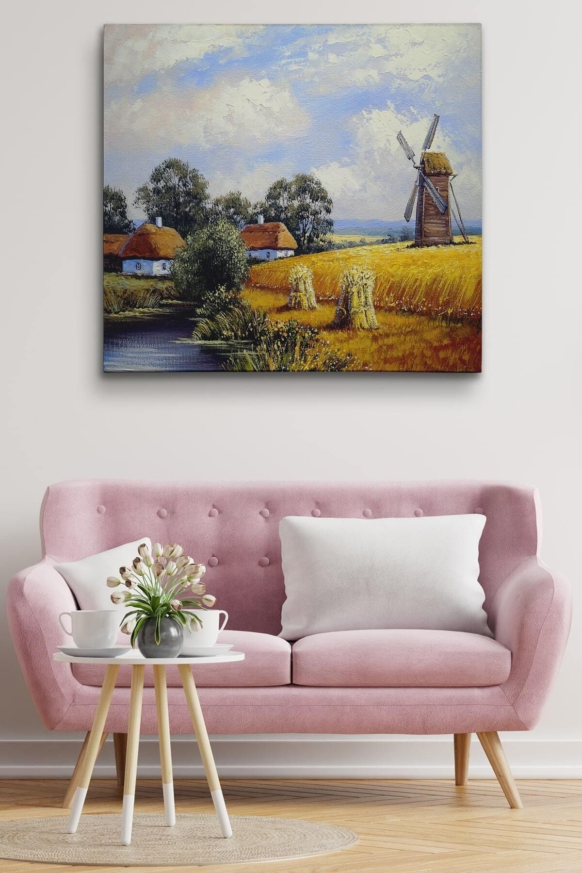 Buğday Tarlası Ve Değirmen Yağlıboya Görünüm Dekoratif Kanvas Duvar Tablosu