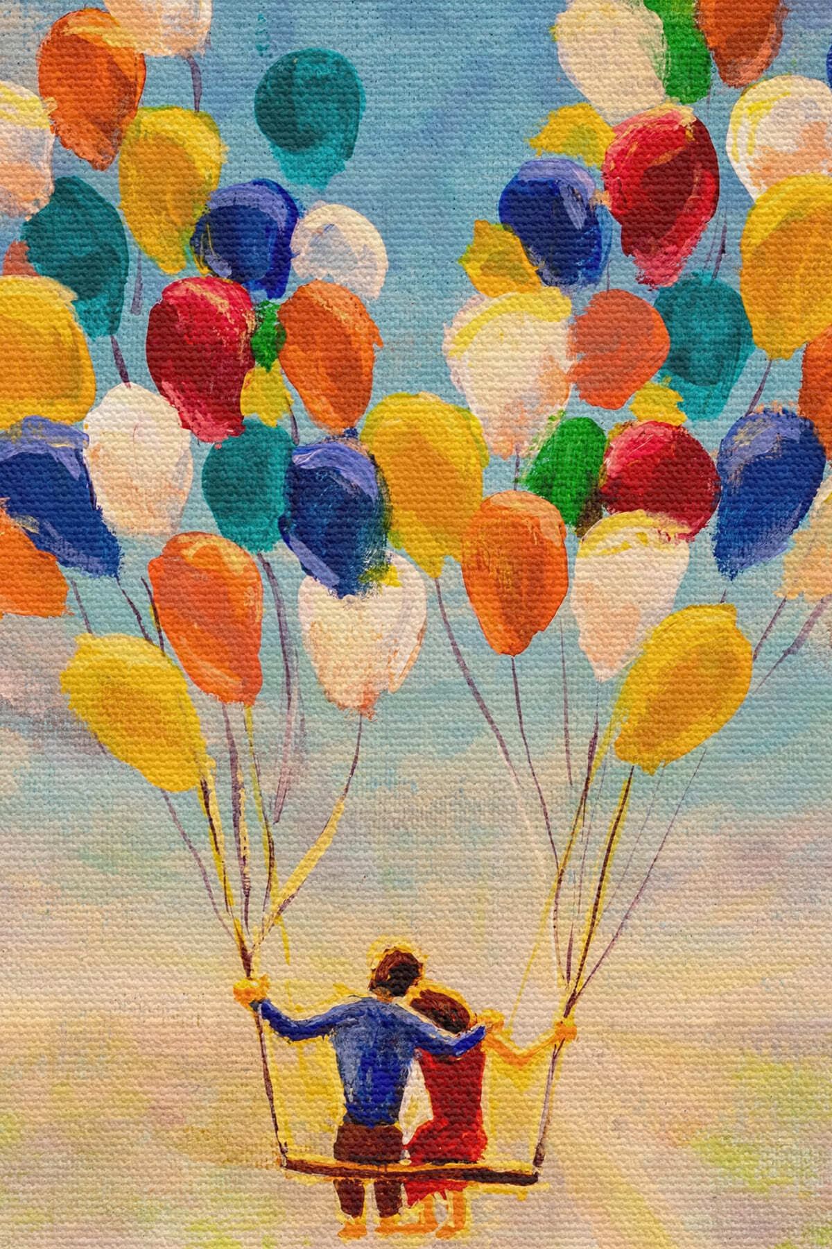 Bolanlar Ile Uçan Sevgililer Yağlıboya Görünüm Dekoratif Kanvas Duvar Tablosu