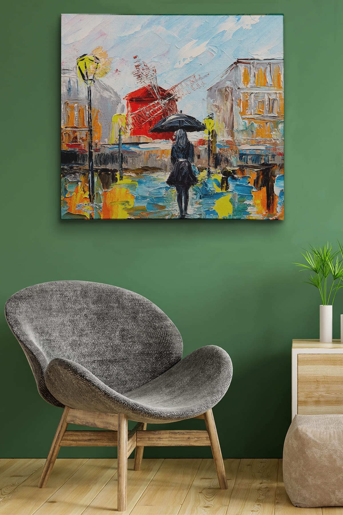 Paris De Yağmur Da Yürüyen Kadın Yağlıboya Görünüm Dekoratif Kanvas Duvar Tablosu