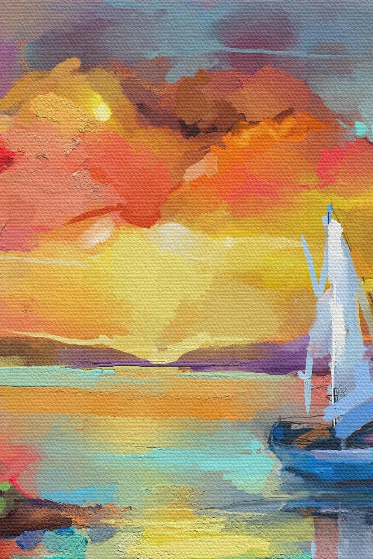 Denizdeki Yelkenli Yağlıboya Görünüm Dekoratif Kanvas Duvar Tablosu