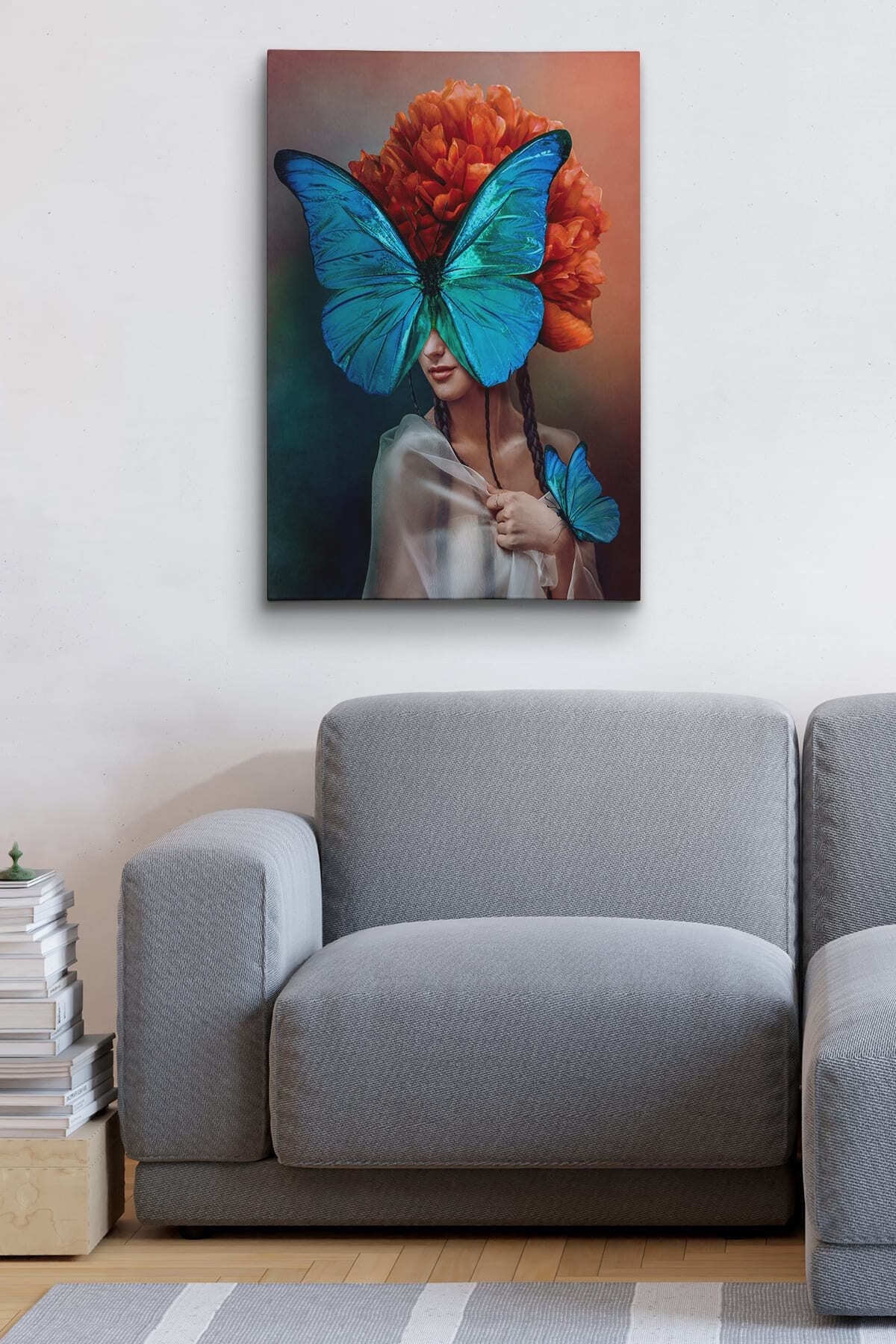 Mavi Kelebekli Kadın Yağlıboya Görünüm Dekoratif Kanvas Duvar Tablosu