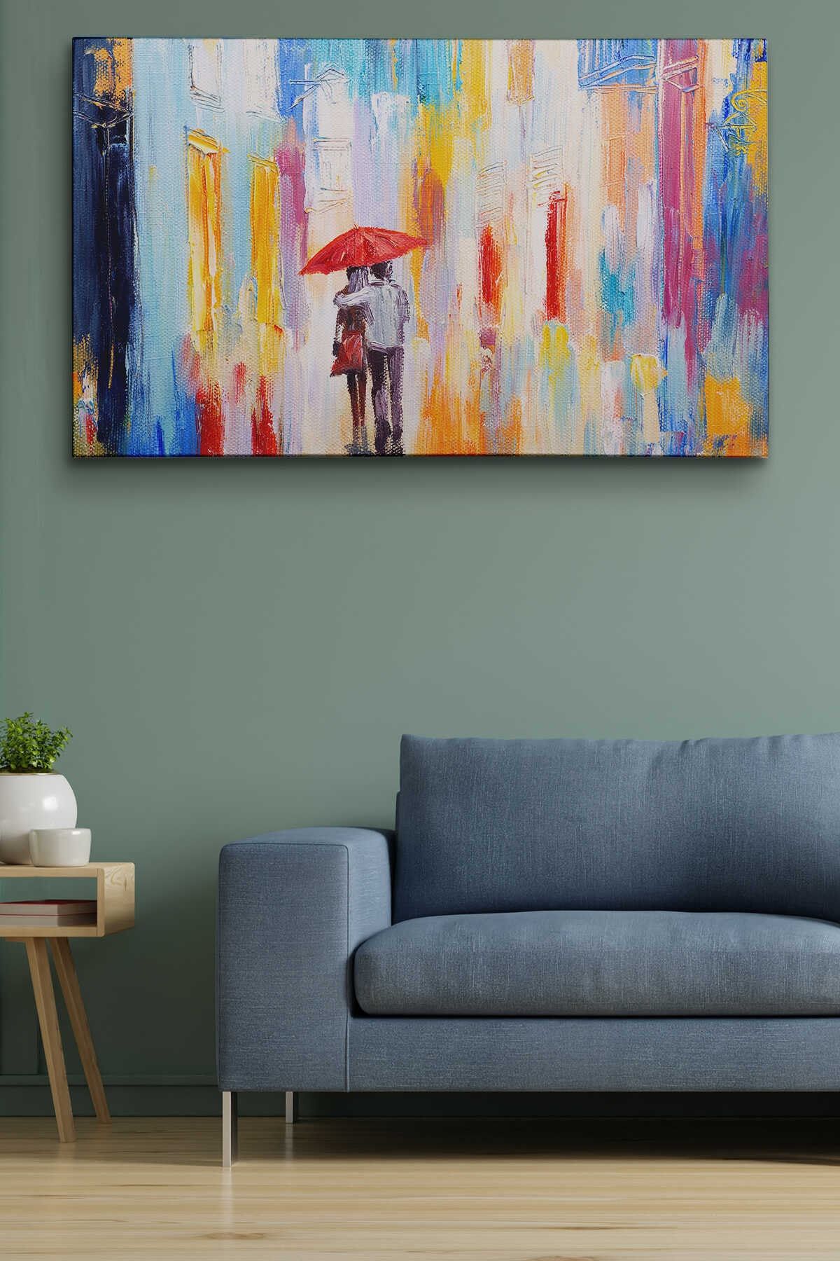 Kırmızı Şemsiyeli Sevgililer Yağlıboya Görünüm Kanvas Duvar Tablosu